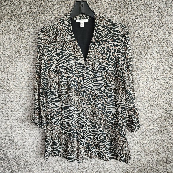 JM Collection Top Womens 16 Animal Print‎ Button Up Long Sleeve Collared Ladies - Picture 1 of 7
